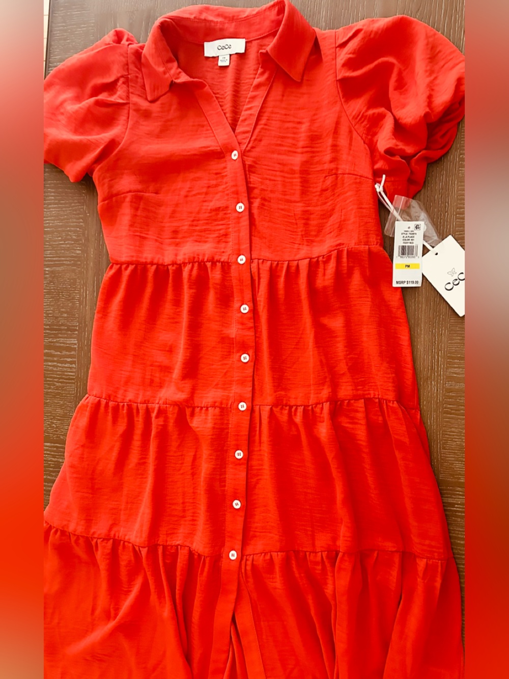 CeCe Bright "Fiery Red" Button-Front Tiered Casual Dress